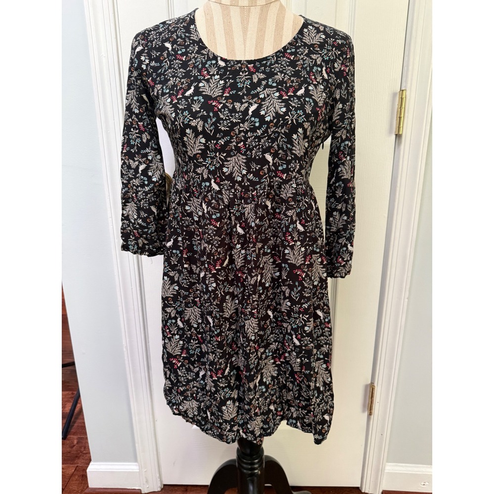 Old Navy Black Floral Woodland Rabbit Print Long Sleeve Dress XS Fairycore